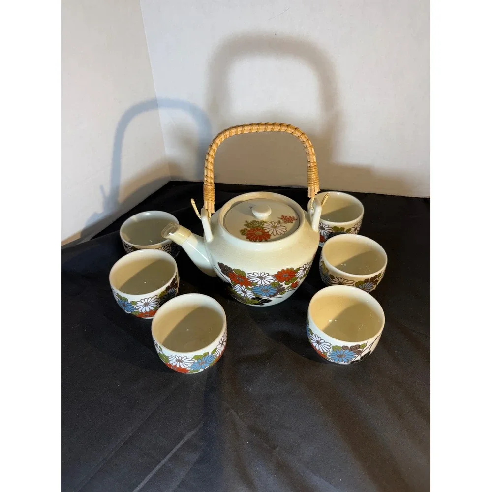 Vintage Asian Tea Set Teapot With Bamboo Handle & 6 Cups Floral Design